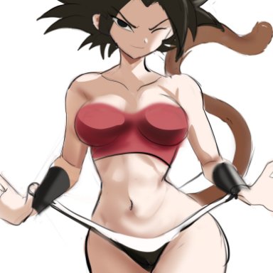 1girls, black hair, bra, breasts, caulifla, dragon ball, dragon ball super, eye contact, female, looking at viewer, one eye closed, panties, rakeemspoon, saiyan, sitting