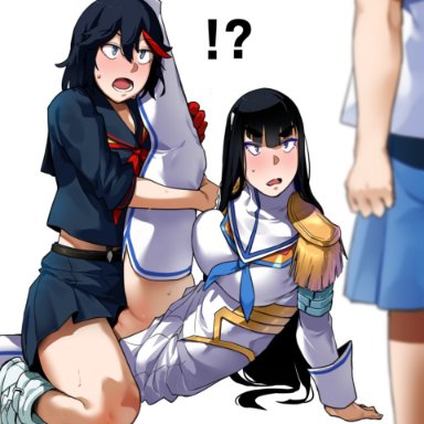 !?, 3girls, bakkanki, black hair, clothed sex, futa on female, futa with female, futanari, implied futanari, incest, junketsu, kill la kill, kiryuuin satsuki, leg lift, looking at another