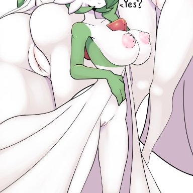 ass, big breasts, blush, blush lines, breasts, dialogue, female, gardevoir, genitals, green hair, hair, hi res, nintendo, not furry, pokémon (species)