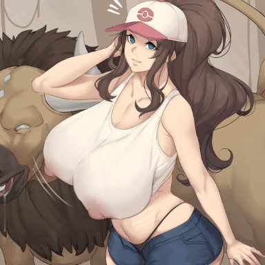 1boy, 1girls, 1pokemon, 2021, black panties, blue eyes, booty shorts, breasts, brown hair, erect nipples, erect nipples under clothes, female, hat, hi res, hilda (pokemon)