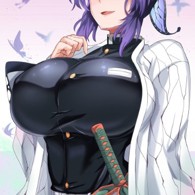 alternate breast size, big breasts, black hair, butterfly hair ornament, demon slayer, female, female only, fully clothed, gradient hair, haori, huge breasts, jet (artist), jet (pw3234), katana, kimetsu no yaiba