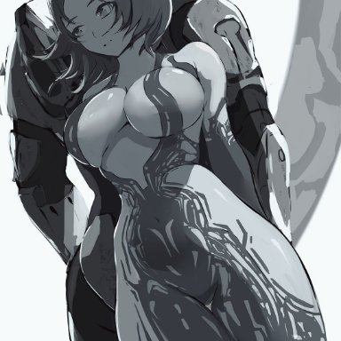 1boy, 1girls, armor, back to back, black and white, breasts, cortana, facing forward, female, functionally nude, functionally nude female, halo (series), hips, huge breasts, male