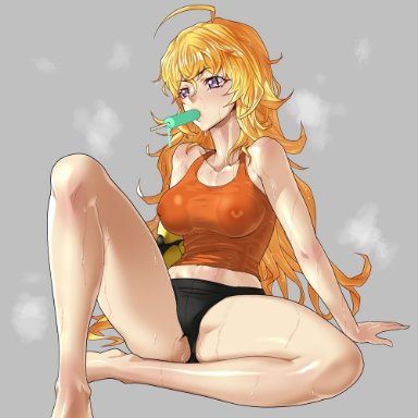 barefoot, blonde hair, crossed legs, ice place, knee up, panties, popsicle, rwby, sweat, sweating, tank top, underwear, very long hair, yang xiao long