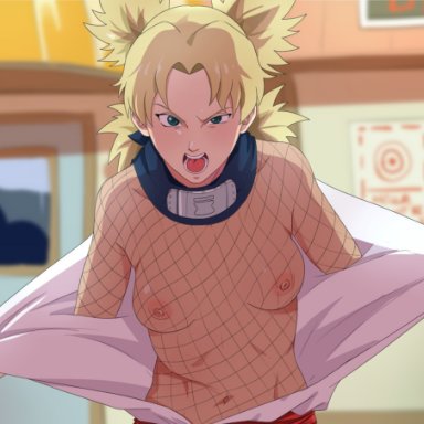 angry, annoyed, before sex, blonde hair, breasts, clothing, clothing pull, collar, female, female focus, female only, fishnet shirt, fishnets, forehead protector, kimono