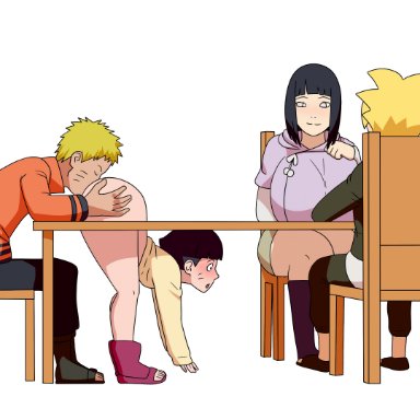 2boys, 2girls, anilingus, asian, asian family, big breasts, black hair, blonde hair, blush, boruto: naruto next generations, bottomless, breast on table, byakugan, daughter, eating ass