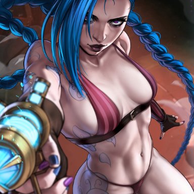 1girls, abs, action pose, arcane, arcane jinx, bare arms, bare shoulders, bare skin, bare thighs, bikini, bikini bottom, bikini top, blue hair, braided twintails, breasts