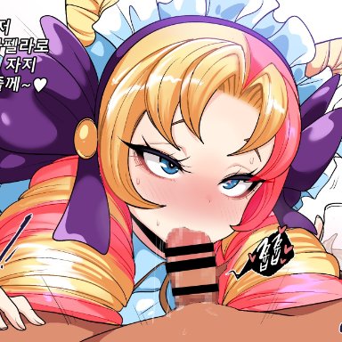 1boy, 1girls, blonde hair, blue eyes, blush, cafe cutie gwen, cafe cuties series, censored, drill hair, fellatio, gwen (league of legends), hair ornament, heart, kimtoxic, league of legends