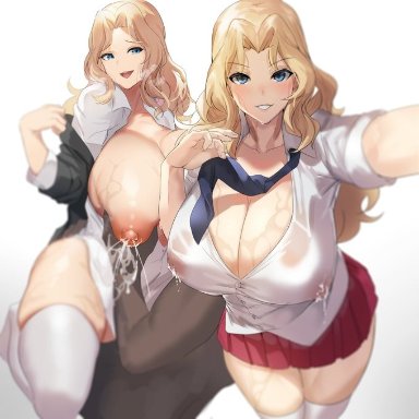 blonde hair, dark-skinned male, girls und panzer, kay (girls und panzer), lactation, lactation through clothes, milk