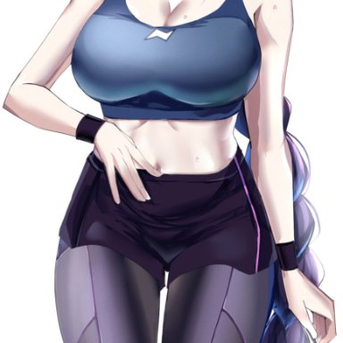 1girls, 2021, beauty mark, belly button, blush, braided hair, female, female only, genshin impact, gym clothes, hanasaka houcha, hi res, hips, long hair, looking at viewer