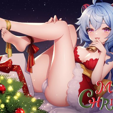 2girls, ahoge, ankkoyom, ass, bare arms, bare shoulders, barefoot, bell, blue hair, breasts, cameltoe, christmas, christmas tree, cleavage, commentary