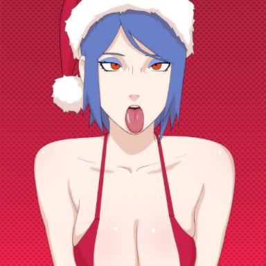 1girls, ahe gao, akatsuki (naruto), bare arms, bare legs, bare shoulders, big breasts, blue hair, breasts, center opening, christmas, cleavage, collarbone, dress, eyeliner
