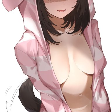 bangs, blush, breasts, brown hair, female, female, highres, large breasts, long hair, long sleeves, looking at viewer, navel, open mouth, original, smile