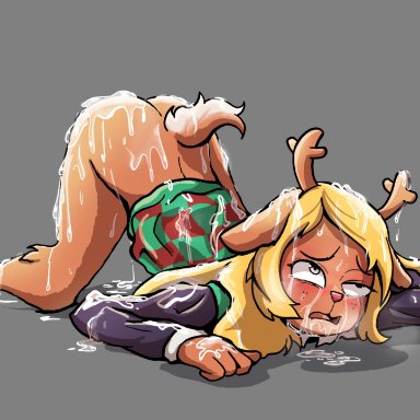 1girls, after orgasm, after sex, all fours, anthro, artist request, blonde hair, brown fur, christmas sweater, cum, cum everywhere, cum on ass, cum on body, cum on face, deltarune