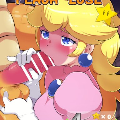 1boy, 1girls, balls, blonde hair, blowjob, blue eyes, blush, bowser, censor bar, censored, fellatio, female, gloves, hameneko, humanoid penis