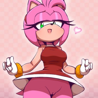 amy rose, bottomless, bottomless female, bottomless skirt, bracelet, female, female only, green eyes, hedgehog, looking at viewer, low-angle view, pink fur, pussy, sega, short hair