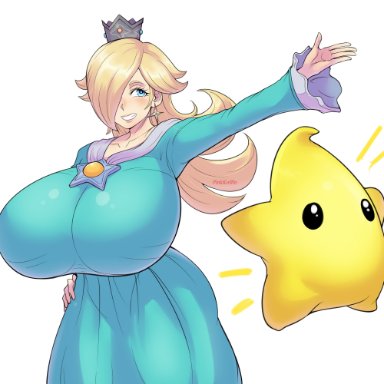 1girls, big breasts, blonde hair, blue eyes, blush, breasts, dress, female, huge breasts, large breasts, long hair, luma, mario (series), nintendo, pinkkoffin