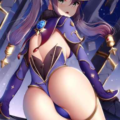 1girls, arm support, ass, back, bare legs, black gloves, blue leotard, capelet, detached sleeves, female, from behind, genshin impact, gloves, gold trim, grey eyes