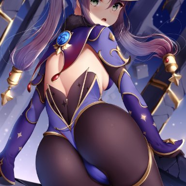 1girls, arm support, ass, back, black gloves, blue leotard, brown legwear, capelet, detached sleeves, female, from behind, genshin impact, gloves, gold trim, grey eyes