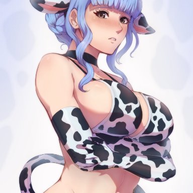 1girls, alternate costume, animal costume, animal ears, animal print, bangs, bare shoulders, bikini, blue hair, blush, braid, breasts, brown eyes, cleavage, cow costume