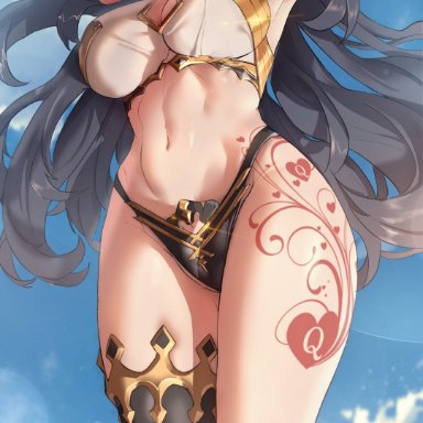 fate (series), fate/grand order, ishtar (fate/grand order), ishtar (fate), 1girls, bleached, breasts, black hair, red eyes, tattoo, queen of hearts tattoo, bwc