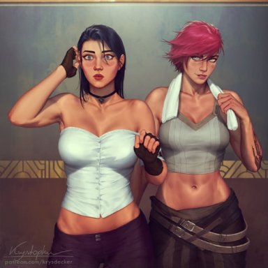 2girls, arcane, arcane caitlyn, arcane vi, black hair, caitlyn, canon couple, couple, krysdecker, league of legends, muscular, muscular female, pink hair, romantic couple, vi