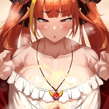 ahe gao, big breasts, cross eyed, cum, cum on breasts, cumming, fully clothed, hololive, horns, kiryuu coco, long ears, nuezou, orange hair, paizuri, paizuri under clothes