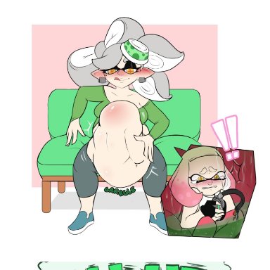 2girls, big belly, big breasts, blush, burping, digestion, dwps, female pred, female prey, internal, larger female, licking lips, marie (splatoon), pearl (splatoon), smaller female