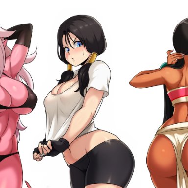 5girls, absurd res, android 18, android 21, ass, big breasts, black hair, blonde hair, blue eyes, breasts, brown eyes, cameltoe, chel, cleavage, crossover