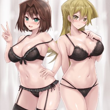 2girls, alexis rhodes, anzu mazaki, black bra, black garter straps, black legwear, black panties, black stockings, blonde hair, blue eyes, blush, brown hair, closed mouth, long hair, looking at viewer