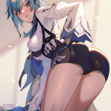 1girls, absurdres, all fours, ass, asymmetrical hair, bangs, bare legs, barefoot, bent over, blue hair, blush, bodysuit, breasts, eula (genshin impact), feet out of frame