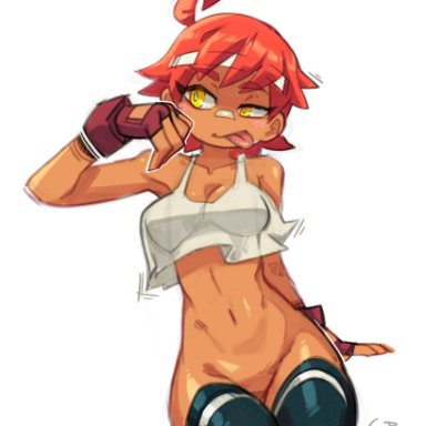 bandana, carly (skarp world), fingerless gloves, gerph, no panties, orange skin, red hair, skarp world, tan skin, thighhighs, tomboy, white shirt, yellow eyes