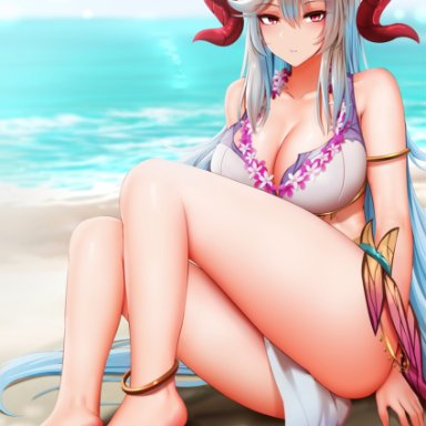 1girls, alternate costume, anklet, armlet, ass, bangs, bare legs, barefoot, beach, big ass, bikini, blue hair, breasts, chinese commentary, cleavage