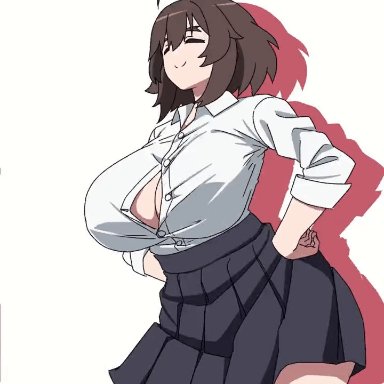 animated, brown hair, cleavage, dancing, insomnia-chan (kaynimatic), kaynimatic, school uniform, simple background, skirt, solo, solo female, white background