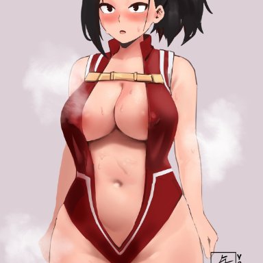 1girls, big breasts, blush, breasts, cleavage, female, female only, large breasts, momo yaoyorozu, my hero academia, solo, sweat, yotahen