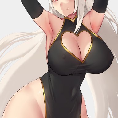 1girls, 2021, armpits, arms behind head, arms up, artist signature, belly button, black dress, black thighhighs, breasts, cleavage, cleavage cutout, dress, erect nipples, erect nipples under clothes