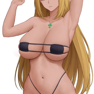 1girls, 2021, armpits, arms above head, arms up, artist signature, bangs, bikini, black bikini, blonde hair, breasts, cleavage, core crystal, eyepatch bikini, female