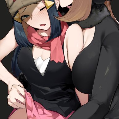 2girls, age difference, beanie, biting ear, blonde hair, blue hair, blush, cynthia (pokemon), dawn (pokemon), fingering, hair ornament, hair over one eye, no panties, pokemon, pokemon (game)