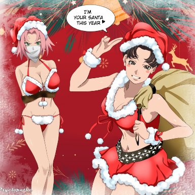 2girls, adapted costume, anger vein, angry, arms behind back, bare legs, bare shoulders, big breasts, bikini, blush, blush stickers, bondage, breasts, brown eyes, brown hair