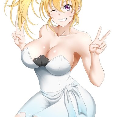 1girls, alternate costume, alternate hairstyle, big breasts, blonde hair, breasts, busty, cleavage, clothed, clothing, clothing swap, cosplay, double v, dress, female