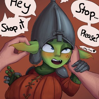 armor, big breasts, blush, cranihum, cute, disembodied hand, ear, ear play, ear rub, embarrassed, female, goblin, goblin female, green skin, helmet