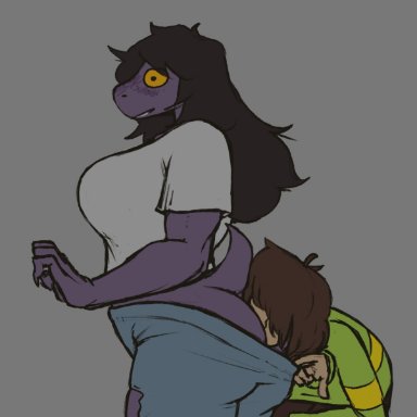 1boy, 1boy1girl, 1girls, anthro, big breasts, black hair, brown hair, claws, cunnilingus, deltarune, dubious consent, eating ass, face in ass, female, hole in pants