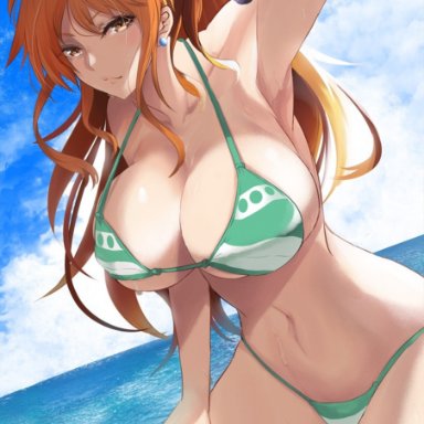 1girls, big breasts, bikini, breasts, brown eyes, curvy, curvy female, ear piercing, female, female focus, female only, green bikini, huge breasts, kawa batayoshi, kawabata yoshiro