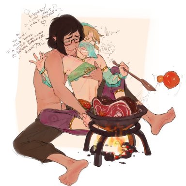 2boys, black hair, blonde hair, bozai, cooking, crossdressing, femboy, gerudo link, glasses, imminent rape, lacryboy, link, the legend of zelda, trap, veil