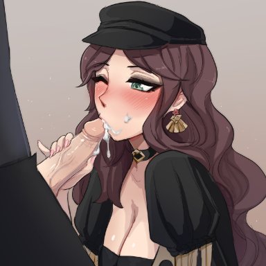 1girls, big penis, blush, breasts, brown hair, choker, cleavage, cum, cum in mouth, cum on face, dorothea arnault, earrings, fellatio, female focus, fire emblem