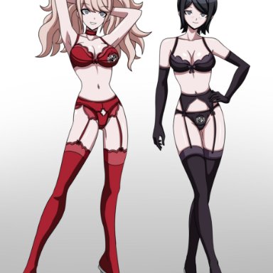 2girls, alternate costume, arms up, black bra, black elbow gloves, black garter belt, black garter straps, black lingerie, black panties, black stockings, bra, breasts, choker, cleavage, danganronpa