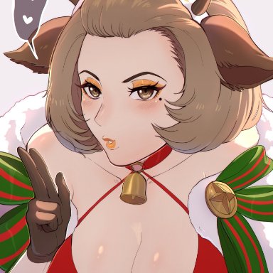 1girls, alternate costume, animal costume, antlers, blush, breasts, brown eyes, brown hair, choker, christmas, cleavage, evomanaphy, eyeshadow, fake antlers, fake tail