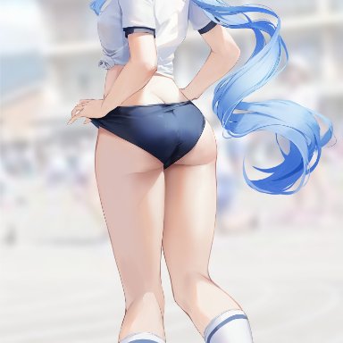 1girls, absurd res, ass, ass focus, blue hair, buruma, clothed, clothes pull, clothing, female, from behind, full body, ganyu (genshin impact), genshin impact, highres