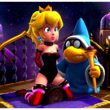 3d, alternate version at source, alternate version available, animated, blonde hair, blue eyes, bondage, hypnosis, kamek, mario (series), onmodel3d, princess peach, slave outfit, sound, sybian