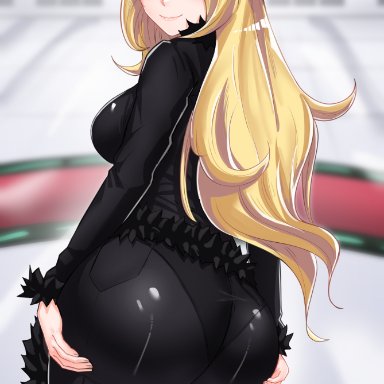 1girls, 2021, alternate eye color, artist signature, ass, ass focus, ass shot, back view, black clothing, blonde hair, blue eyes, clothed, clothed female, cynthia (pokemon), female