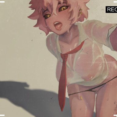 1girls, black sclera, camera view, cleavage, large breasts, mina ashido, my hero academia, onehimbo, open mouth, pink hair, pink skin, recording, see-through, short hair, solo